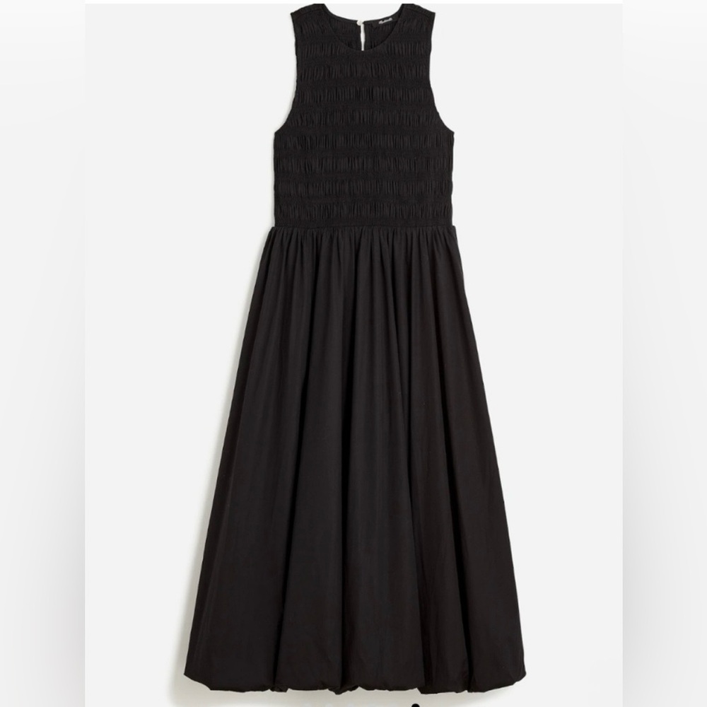Madewell The Melody Bubble-Hem Smocked Midi Dress in True Black Poplin Size SM
